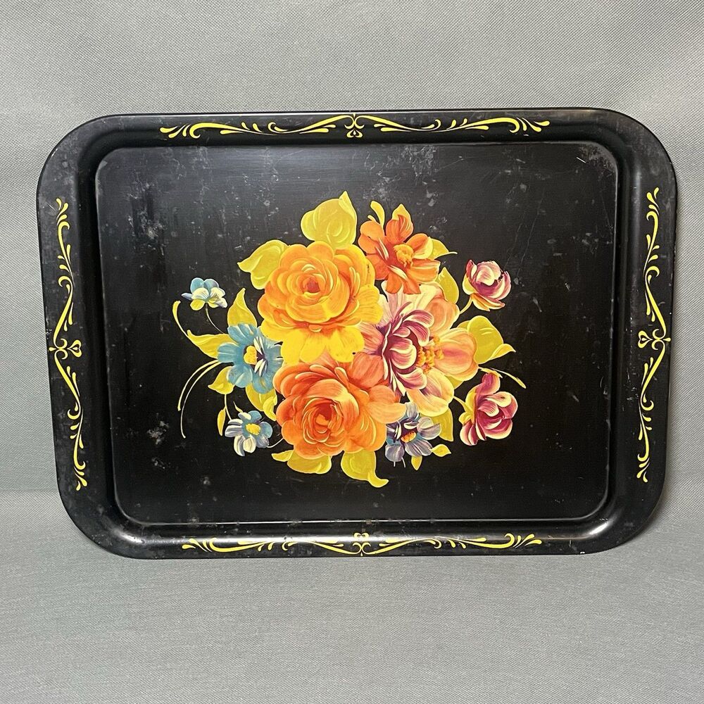 Vintage Painted Toleware Black Floral Tray 17.5" x 12.5"